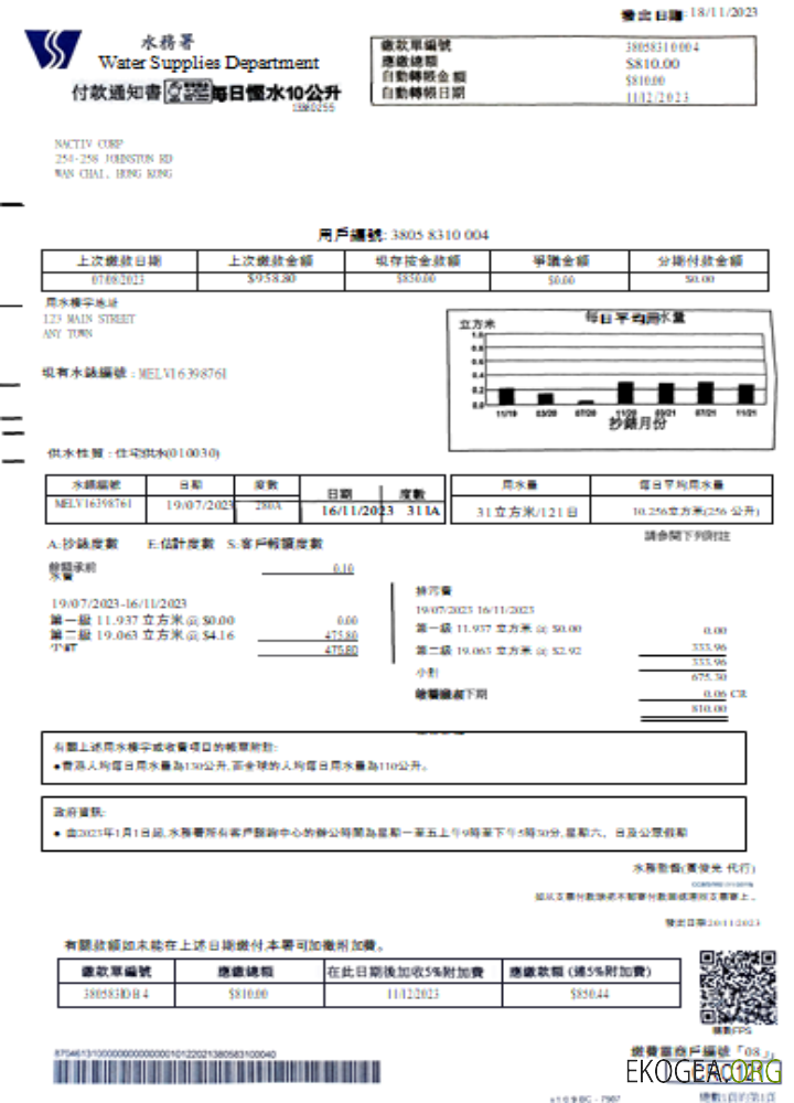 Facture commerciale du service public de l'approvisionnement en eau SCR